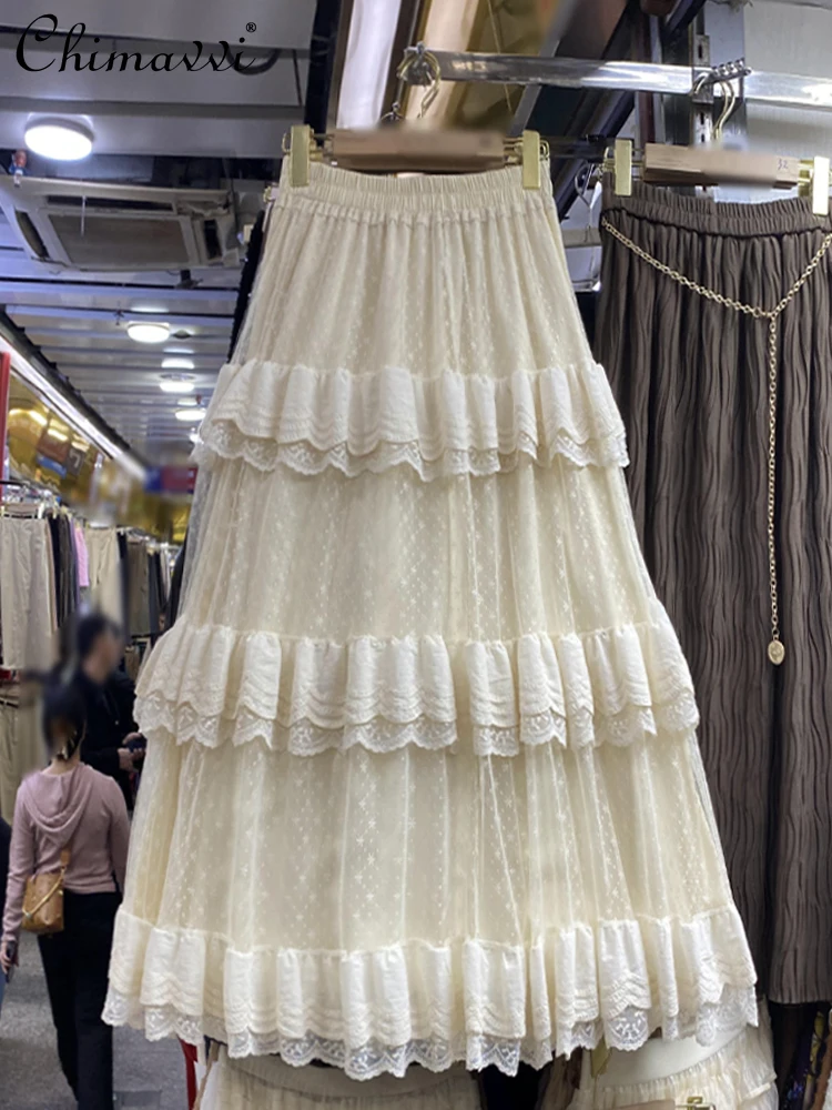 

Fashion Sweet Skirt for Women 2024 Spring and Summer New French Floral Lace Mid-Length Large Swing High Waist Cake Skirt