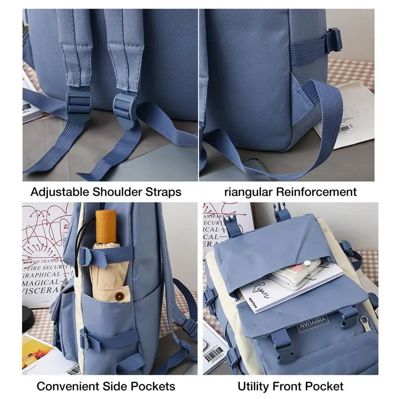 2023 New 5 Pcs Sets Women High School Bags Nylon Kawaii Women Travel Backpack Fashion Book Bags Female with Plush Pendant Cute