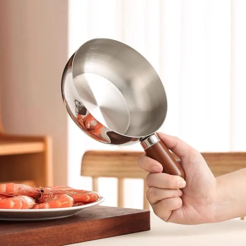 1pcs Single-person Pot Stainless Steel Bowl Walnut Wood Handle Fruit Salad Yogurt Bowl Breakfast Cooking Tool Kitchen Restaurant