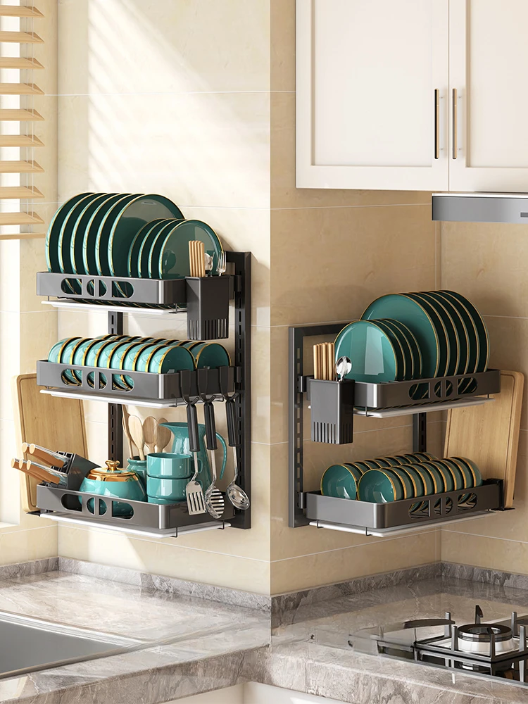 

Non perforated kitchen dish storage rack, multifunctional wall mounted storage rack, cabinet for chopsticks, bowls, plates