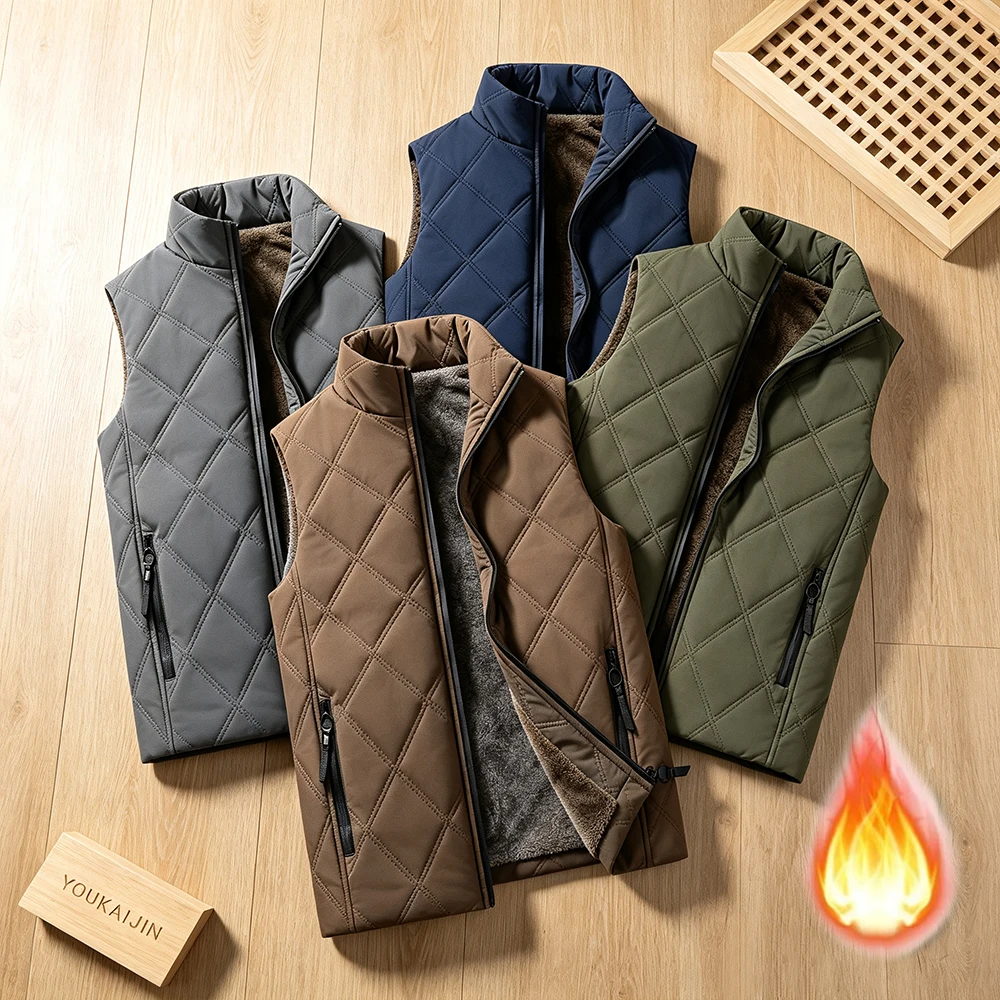 Korean Style Men Thick Fleece Lined Vest Autumn Winter Diamond Quilted Zip Up Sleeveless Gilet Casual Warm Outer Waistcoat