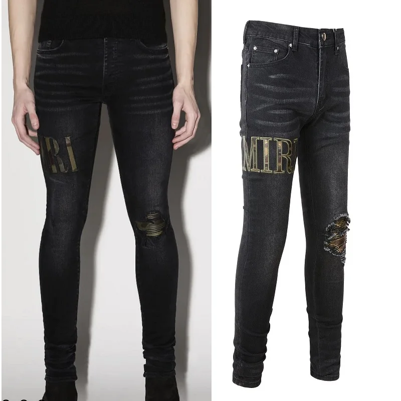 

New Arrival 872 Men's Jeans Male Street Brand Fashion Camouflage Patch Letter Embroidered Hole Stretch Slim Black Jeans For Men