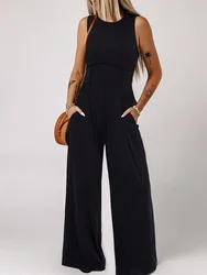 Summer Women Sleeveless Loose Jumpsuits, Loungewear Wide Leg Pants Solid Playsuits, New O-Neck Patchwork Streetwear Dropshipping