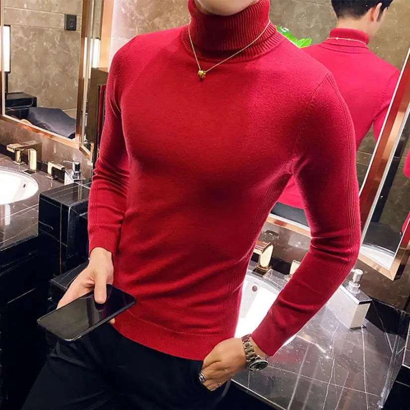 Men's High Quality Pullover Casual Knitted Sweater/Male Slim Fit High Collar Fashion Tight Knit Shirt/Man Knit Sweaters Clothing