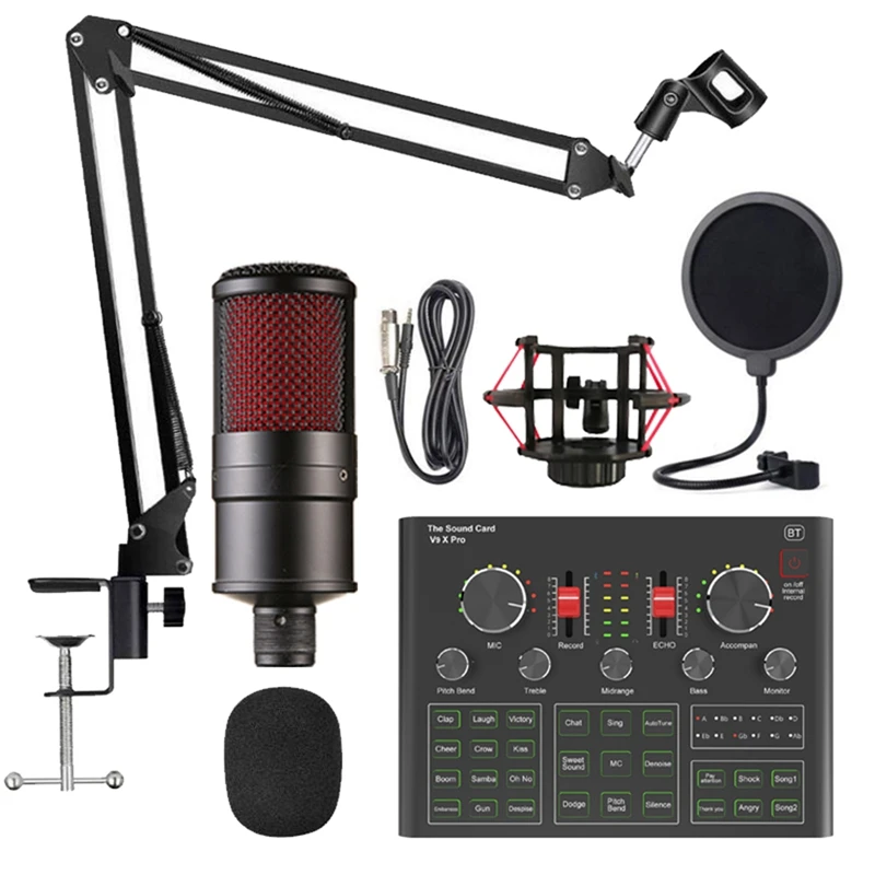 

Top Deals K16 Condenser Microphone Set With V9X PRO Live Sound Card, Scissor Arm, Shock Mount And Cap For Studio Recording