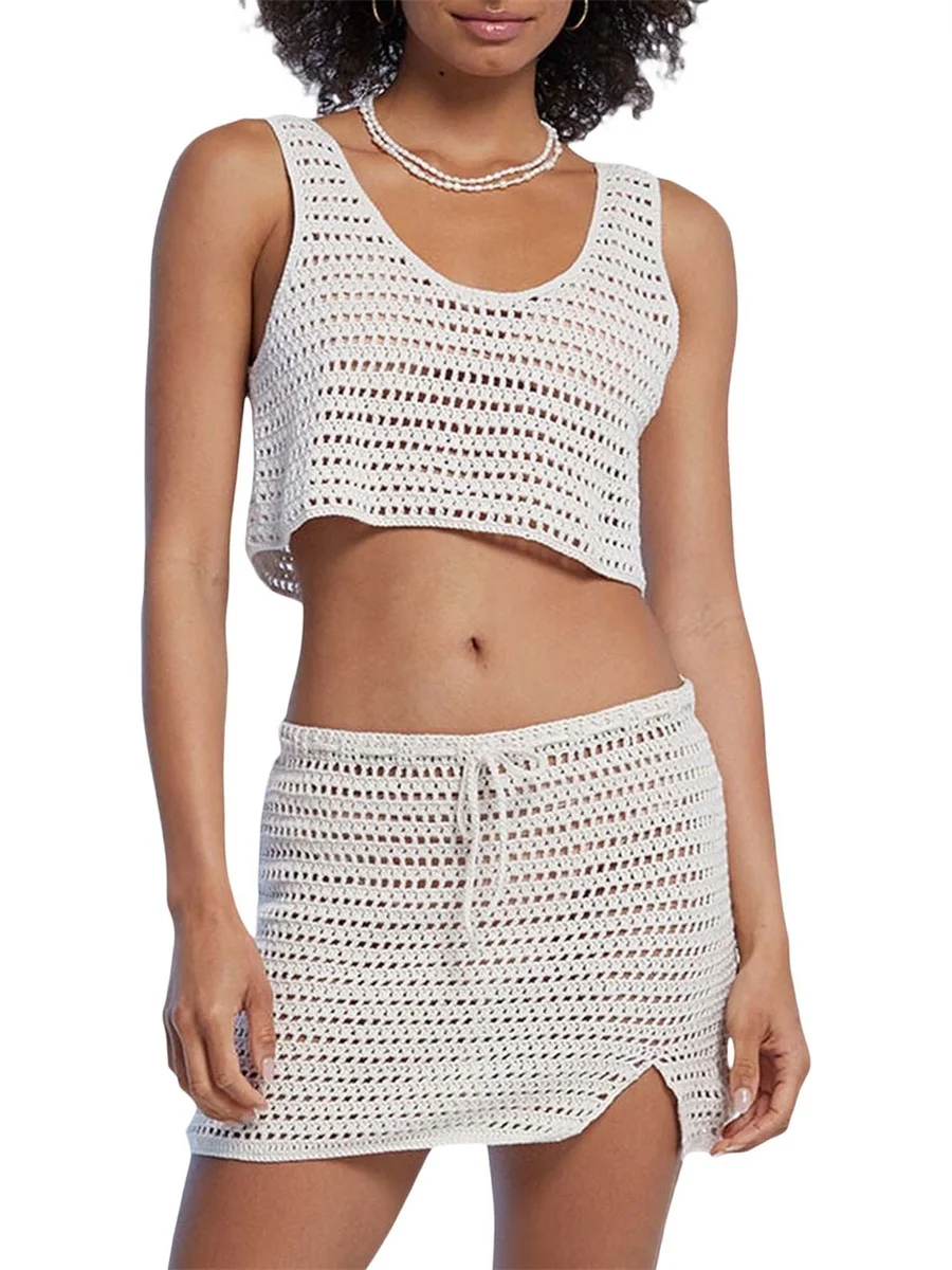 

Women s Beach 2PCS Cover Up Set Crochet Hollow Out Sleeveless Tank Crop Top and Back High Waist Midi Skirt