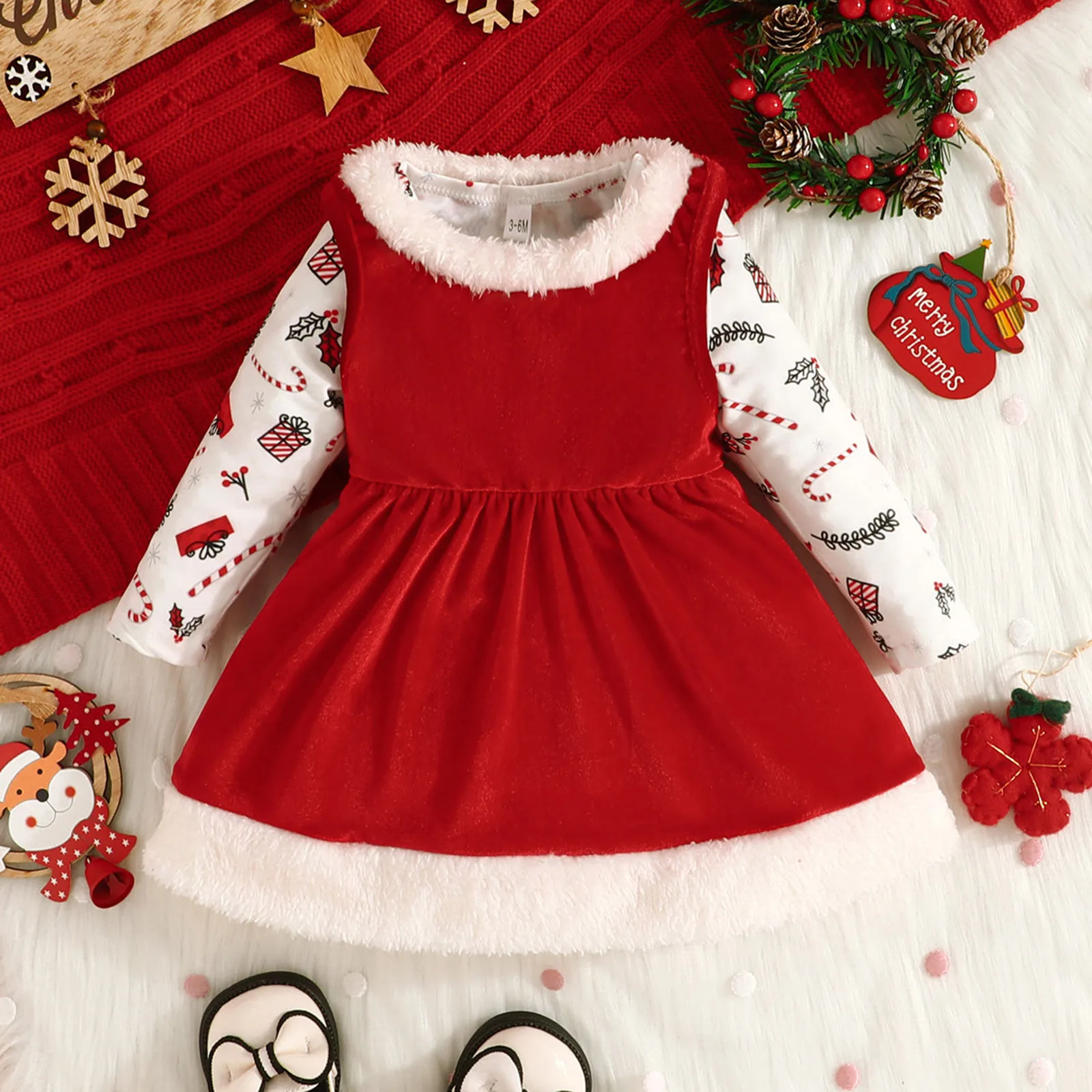 

Infant Girls Christmas Dress Long Sleeve Cartoon Prints Romper Bodysuits Fleece Skirts Newborn Outfits Girls Outfits