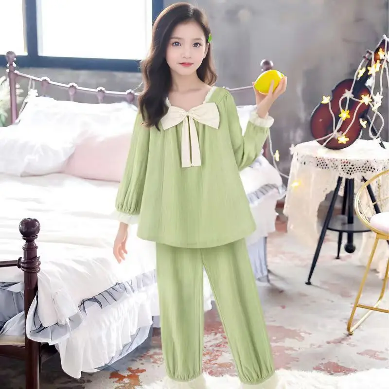 여자 잠옷 봄 가을 얇은 면사 투피스 소녀 공주 스타일 긴팔 양복 어린이 에어컨 의류