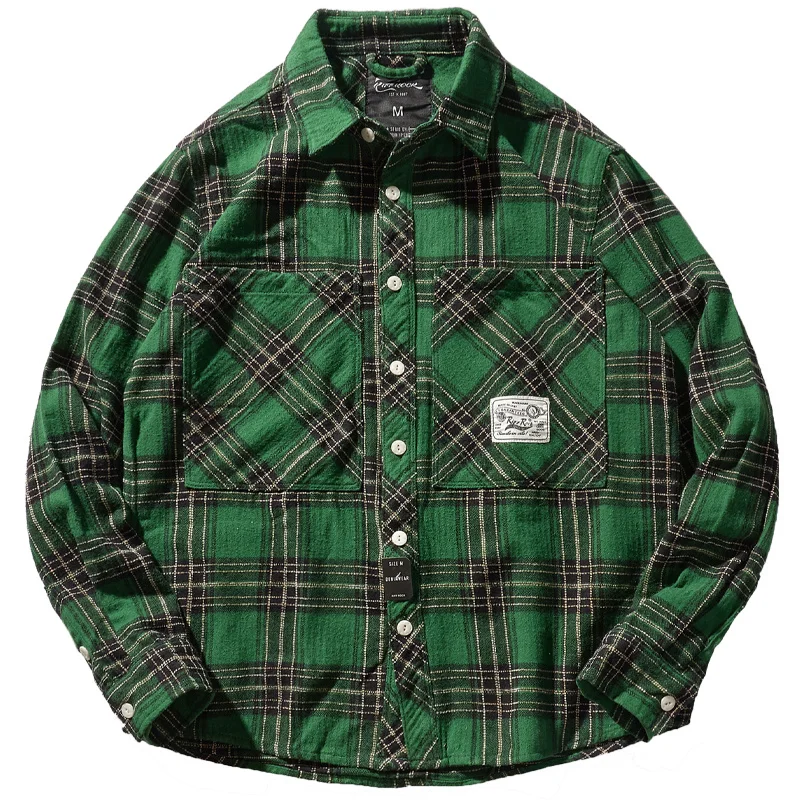 

washed Japanese cotton retro heavy literary casual shirt Amikaji pocket tooling plaid long sleeve shirt