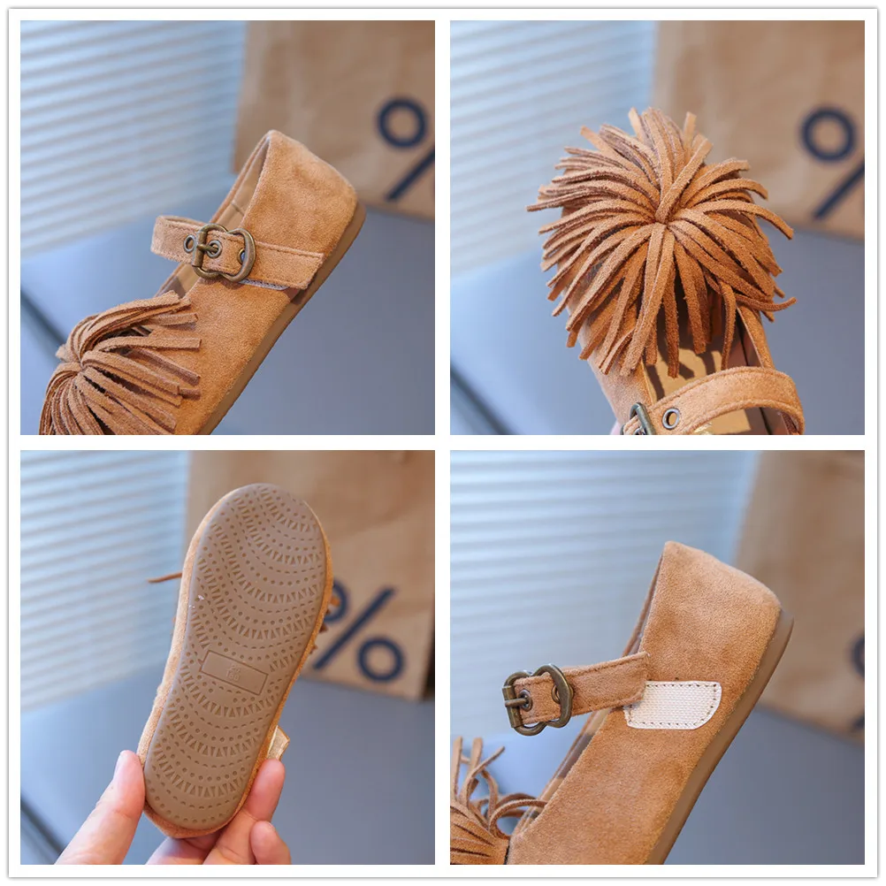 Girls Soft Sole Strappy Shoes with Tassels for Autumn