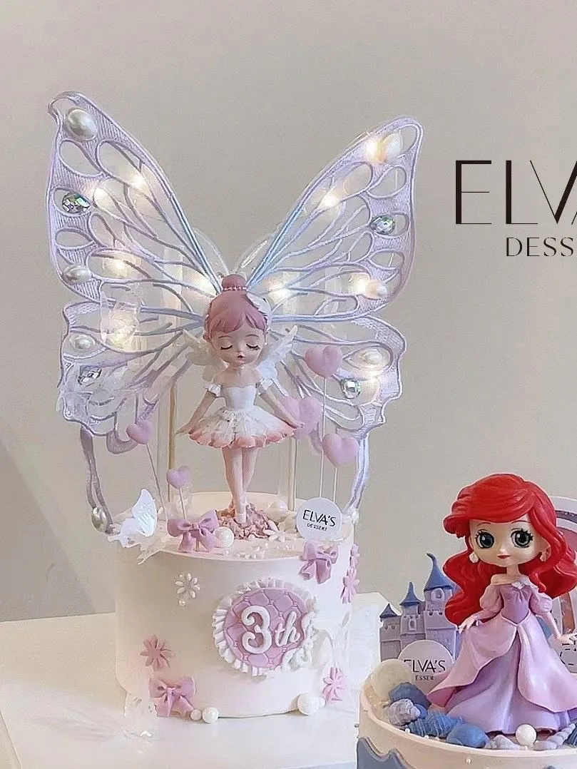 

Fairy Happy Birthday Cake Topper Butterfly Wedding Decoration Ornament Dancing Ballet Princess Pink Purple Hair Baking Supplies