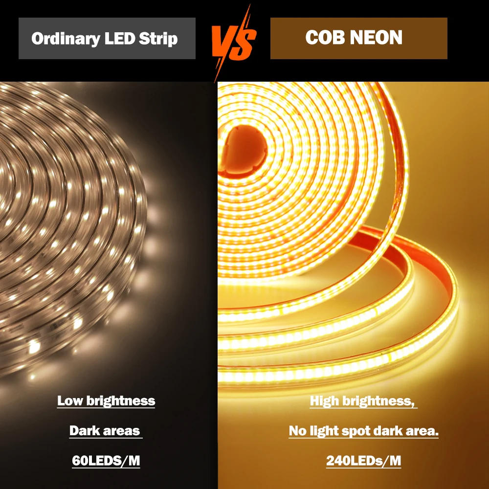 220 V COB-LED-Streifen, selbstklebend, IP65, wasserdicht, kein Treiber erforderlich, flexibles Band, lineare Beleuchtung für Küche, Zimmer, Outdoor, Garten – Detail 7
