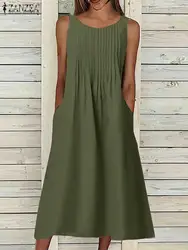 2023 ZANZEA Fashion Summer Dress Women O-Neck Sleeveless Sundress Loose Beach Tanks Vestidos Female Vintage Solid Pleated Robe