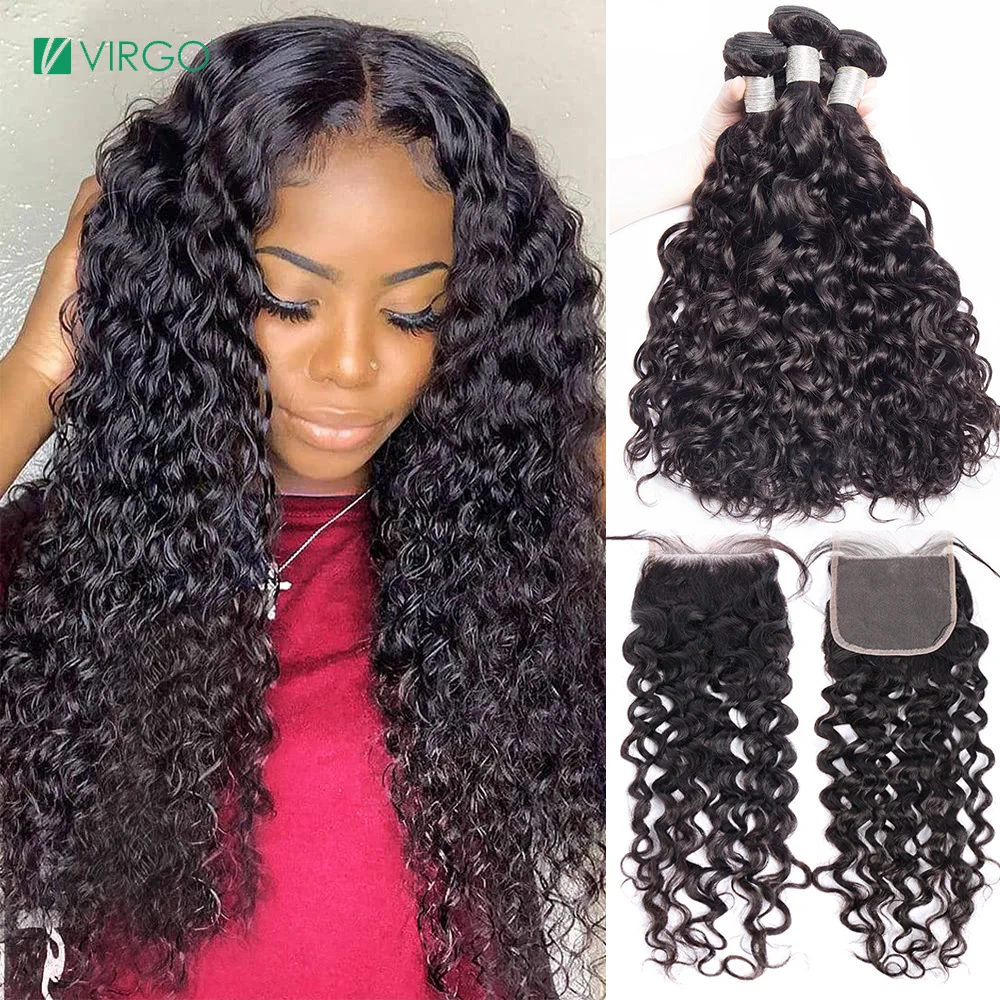 

30 Inch Water Wave Human Hair Bundles With Closure 4X4 5X5 Transparent Lace Closure Frontal With Bundles Curly Brazilian Hair