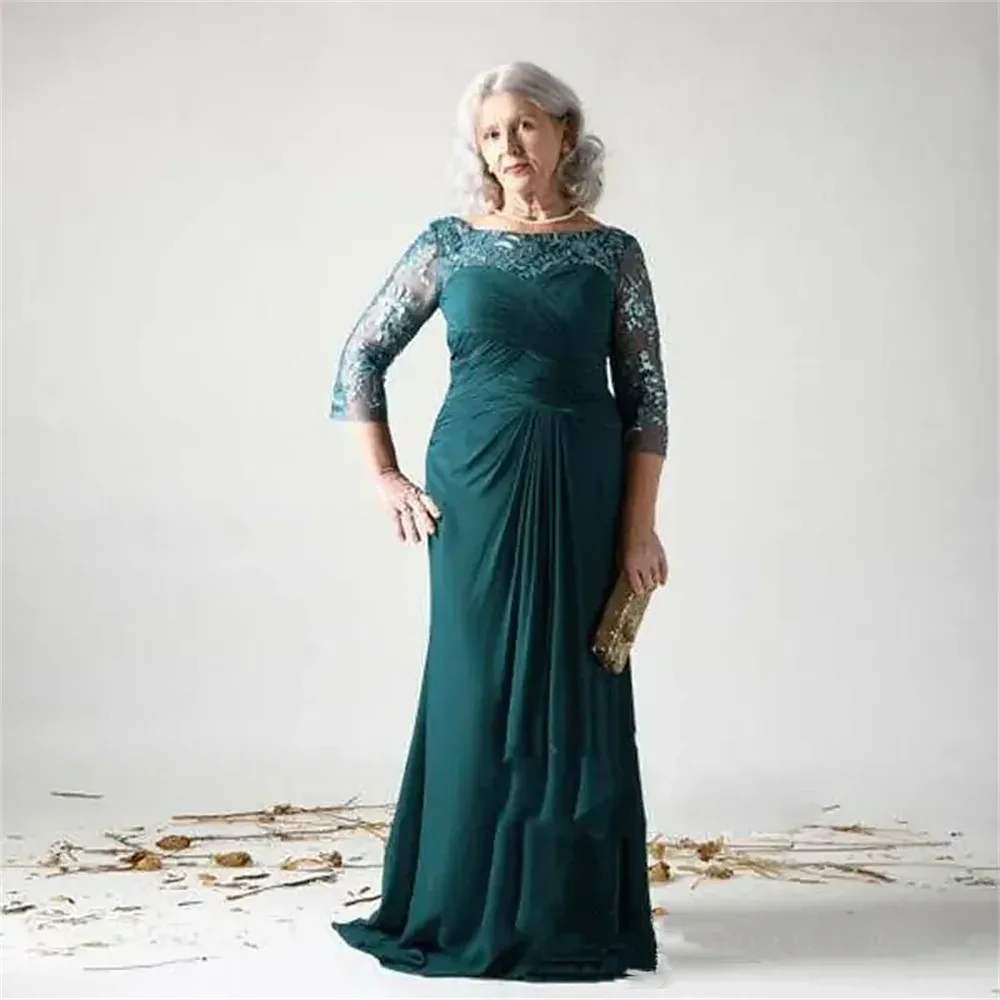 

Elegant Dark Green Long Mother Of The Bride Dresses Lace Appliques Ruched A Line Plus Size Wedding Guest Dress