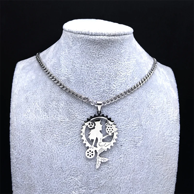 Steampunk Getriebe Meerjungfrau Choker Halskette Edelstahl Silber Farbe Ozean Dame Halsketten Schmuck kragen hombre N3375S06 – Detail 4