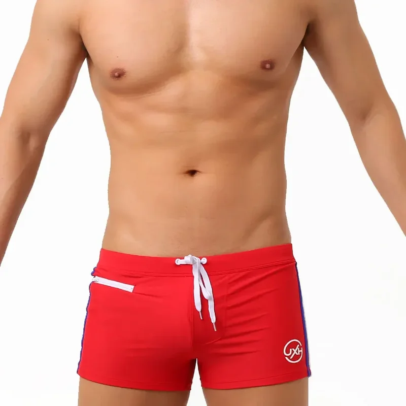 Sexy Swimsuit Beach Quick Drying Trunks Men Swimwear with Zipper Pocket Swimming Boxer Brief Square Leg Bathing Suit Board Short