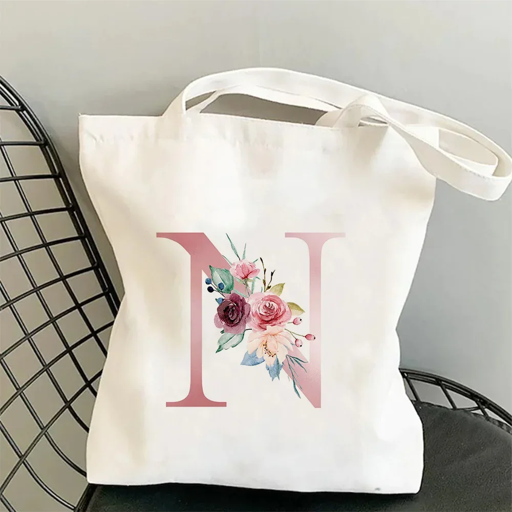 Damen ABC Canvas Tote Umhängetasche Aquarell Blumen Initiale Rosa Blau Lila Blumen Minimalistisch Lässig Öko Handtasche Damen Tasche – Detail 18