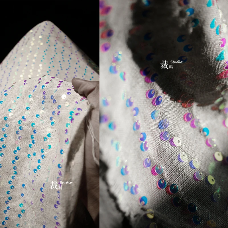 Cotton and Linen Sequins Fantasy Color Embroidery Fabric Stage Retro Handmade DIY Dress Designer Fabrics