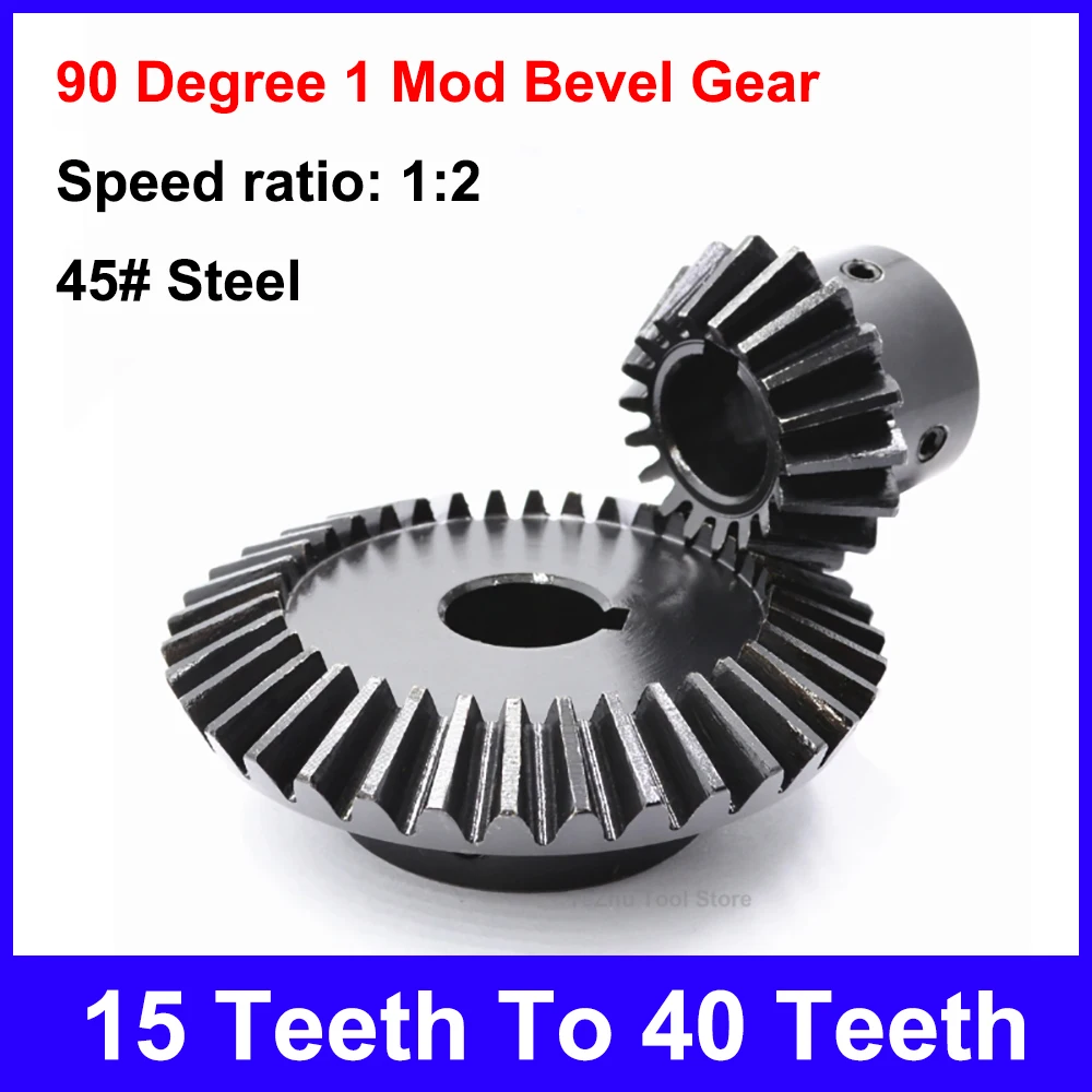 

1PCS Single 45# Steel 90 Degree 1 Module Bevel Gear 15 Teeth To 40 Teeth Meshing Angle Gear Bore 6/8/10/12mm Speed Ratio 1:2