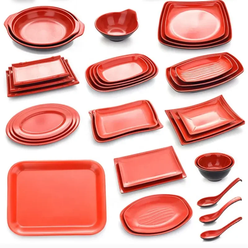 Melamine Red Dinner Plate Fast Food Square Dishes School Rice Meal Serving Trays Cheap Hotel Table Decoration and Accessories