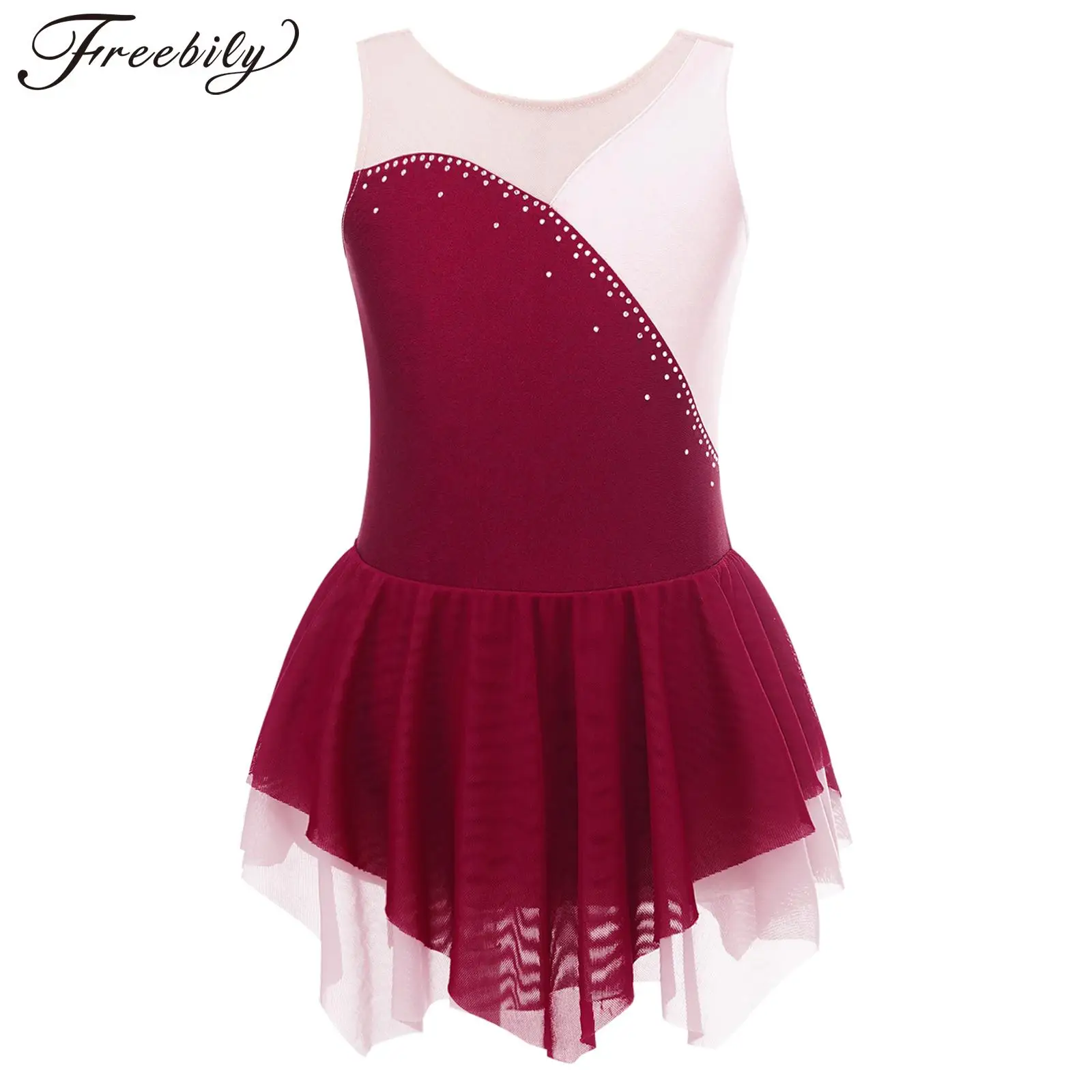

Kid Girls Figure Skating Performance Dance Dress Sleeveless Shiny Rhinestone Sheer Mesh Ballet Gymnastics Leotard Tutu Dancewear