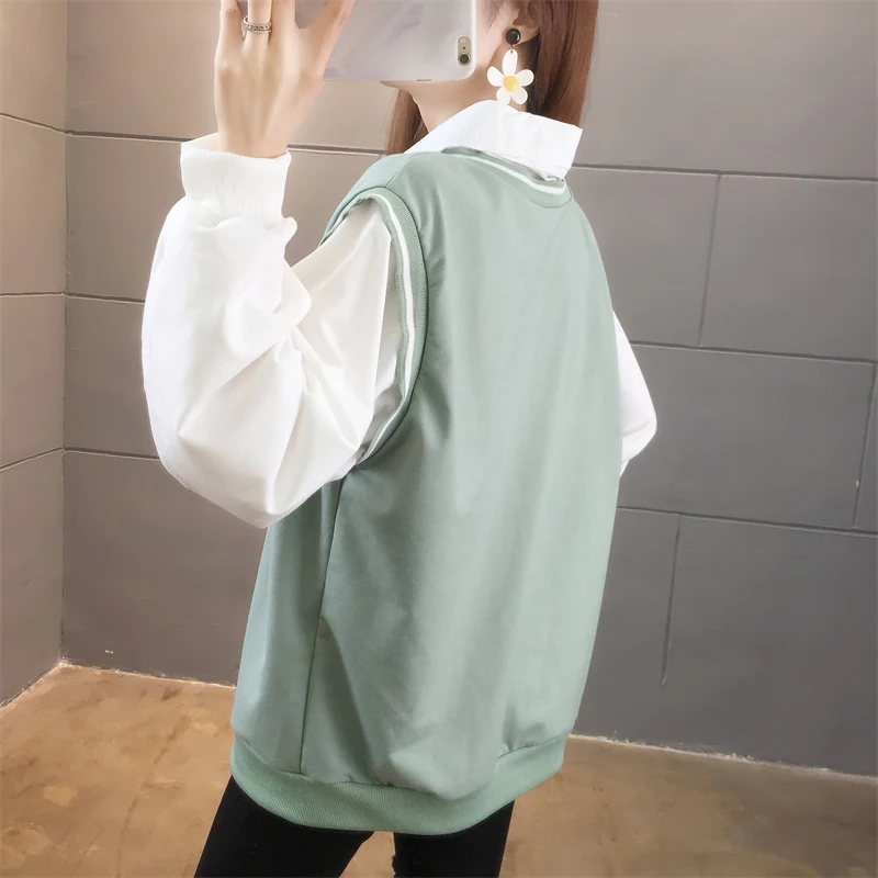 여성용 폴로 넥 긴 풀오버 소매, 스플라이싱 대조 색상, 페이크 투피스 패션, 캐주얼 한국 상의, 용수철 가을