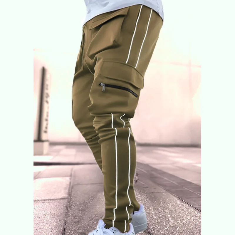 Spring And Autumn Cargo Pants Men's Fashion Brand Elastic Multi-bag Reflective Straight Leg Sports Fitness Casual Pants 5