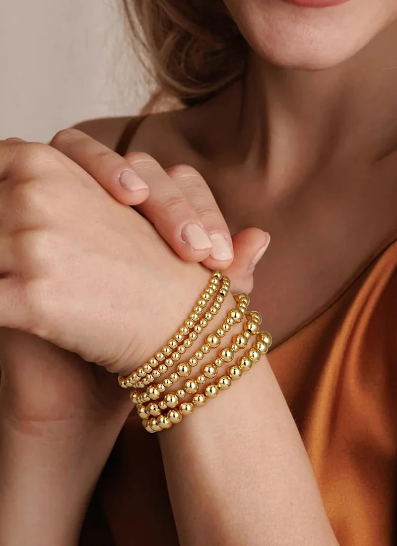 Gold Plated Beaded Braceletfor Women, Stainless Steel Stackable