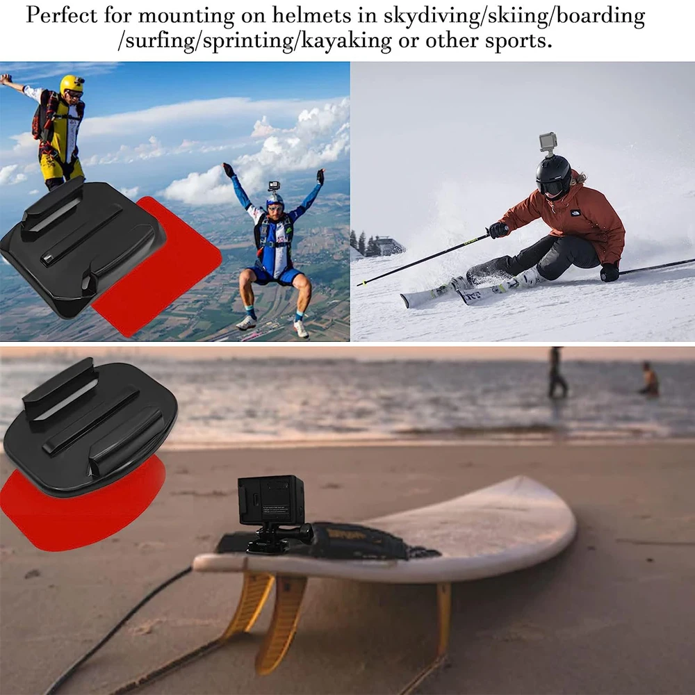Support adhésif plat et incurvé pour caméras d'action collé sur un casque, prêt à accueillir une caméra.