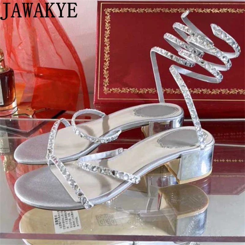 

Hot Sale Ethnic Style Strappy Crystal Sandals Women Coiled Ankle Strap Square Heel Gladiator Sandals Summer Beach Party Shoes