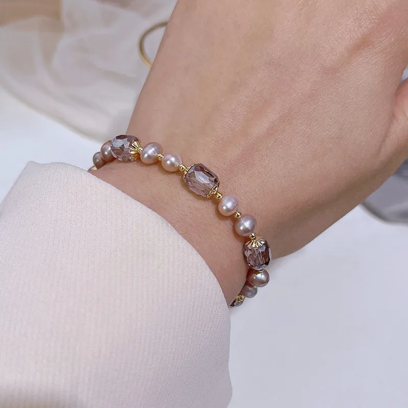 Imitation Pearl Bracelets Elegant Pink Imitation Pearl Bracelets Exquisite Purple Crystal Beaded Adjustable Bracelets Bangle Female Wristband Accessories