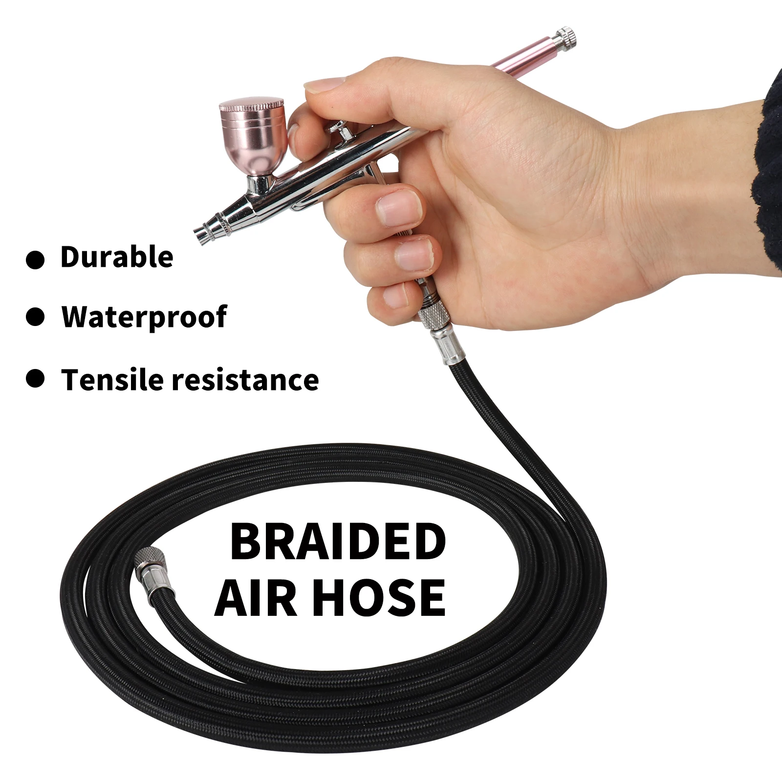 SAGUD Airbrush Hose 6 Foot Braided Rubber Hose with Standard 1/8 Size Fittings on Both End and Air Brush Quick Release Disconnect Coupler
