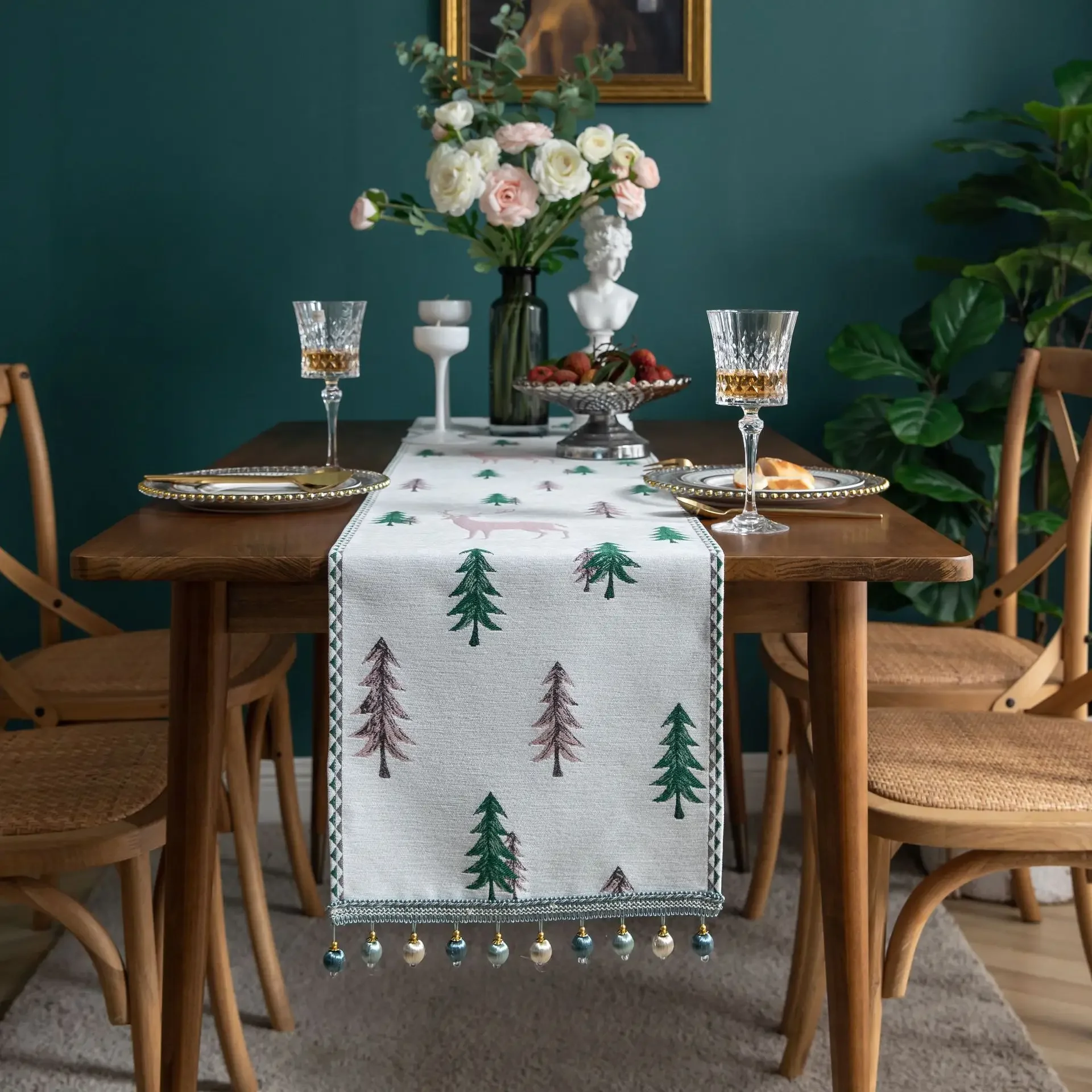 

Christmas Party Linen Tables Flag Tablecloth Xmas Tree Pine Needles Table Runner Wedding Decor Table Cover Christmas Decoration