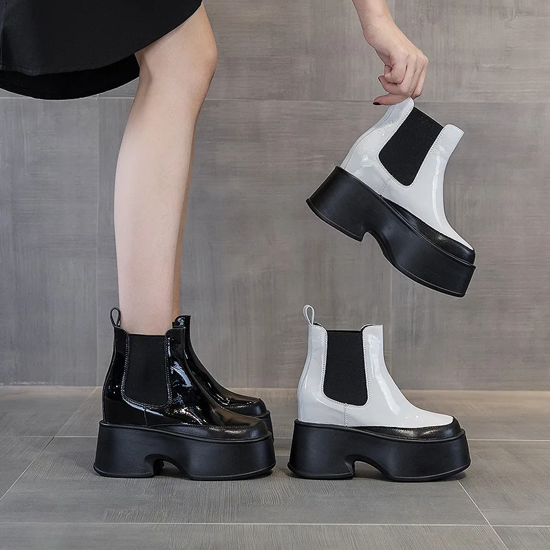 

11CM Patent Leather High Boots Mid Calf Ankle Punk Motorcycle Chelsea Boots Women Autumn Warm Fur Winter Elastic Band Shoes