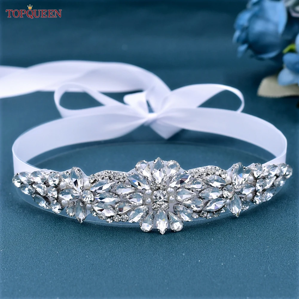 

TOPQUEEN S407 Luxury Wedding Dress Belts Silver Bridesmaid Bridal Pearl Rhinestone Sparkly Women Party Gown Decoration Sash