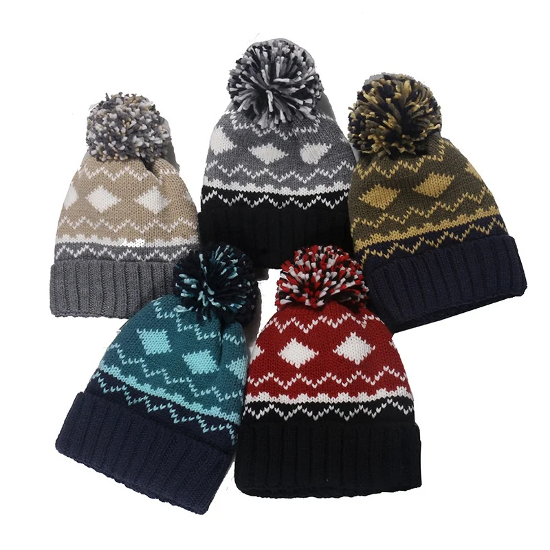 

Stripe Geometry Thickening Keep Warm Knitting Pompom Hat Elasticity Cold Protection Fur Ball Women'S Winter Hat Knitted Hat