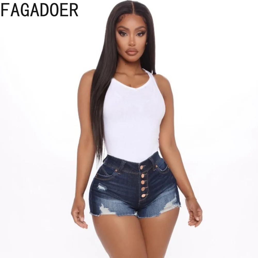 FAGADOER Fashion Y2K Streetwear Women Retro Blue High Waisted Button Denim Shorts Casual Female Hole Skinny Cowboy Bottoms 2024