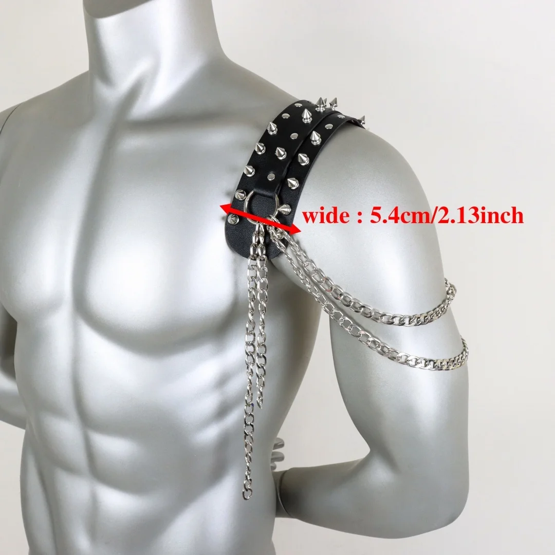 Sexy Herrengürtel PU-Leder Harness Strap mit Brustkette Schultergürtel Metallring Y2k Goth Punk Cosplay Zubehör – Detail 11