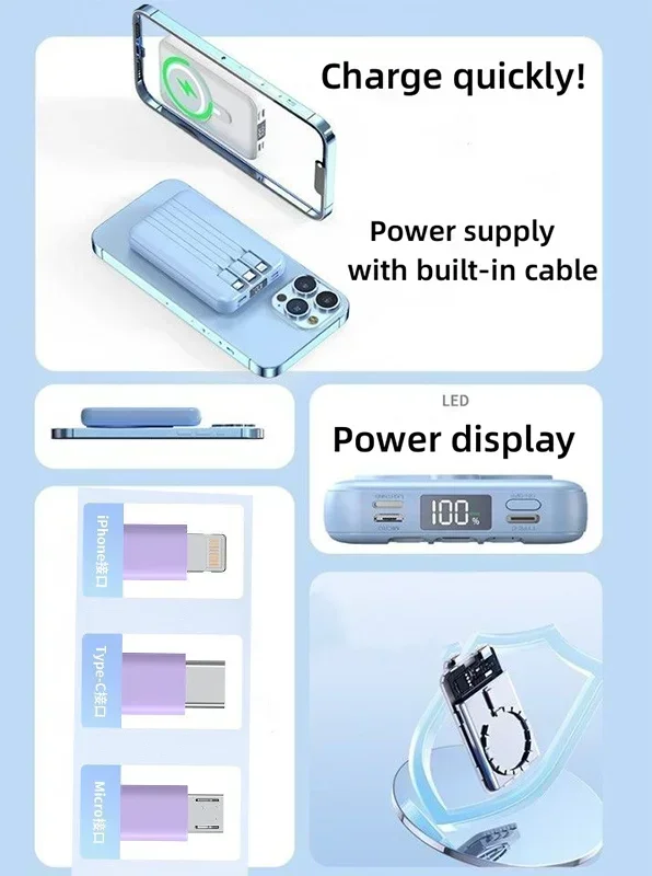 맥세이프 마그네틱 무선 3 선 보조배터리, 50000mAh, 미니 고속 충전 모바일 보조배터리 장착, 베스트셀러 신제품