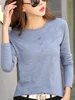 الخريف الشتاء المرأة مضلع القطن تي شيرت الإناث زر فضفاض عادية موضة تي شيرت 2025 كم طويل س الرقبة كوريا القمم