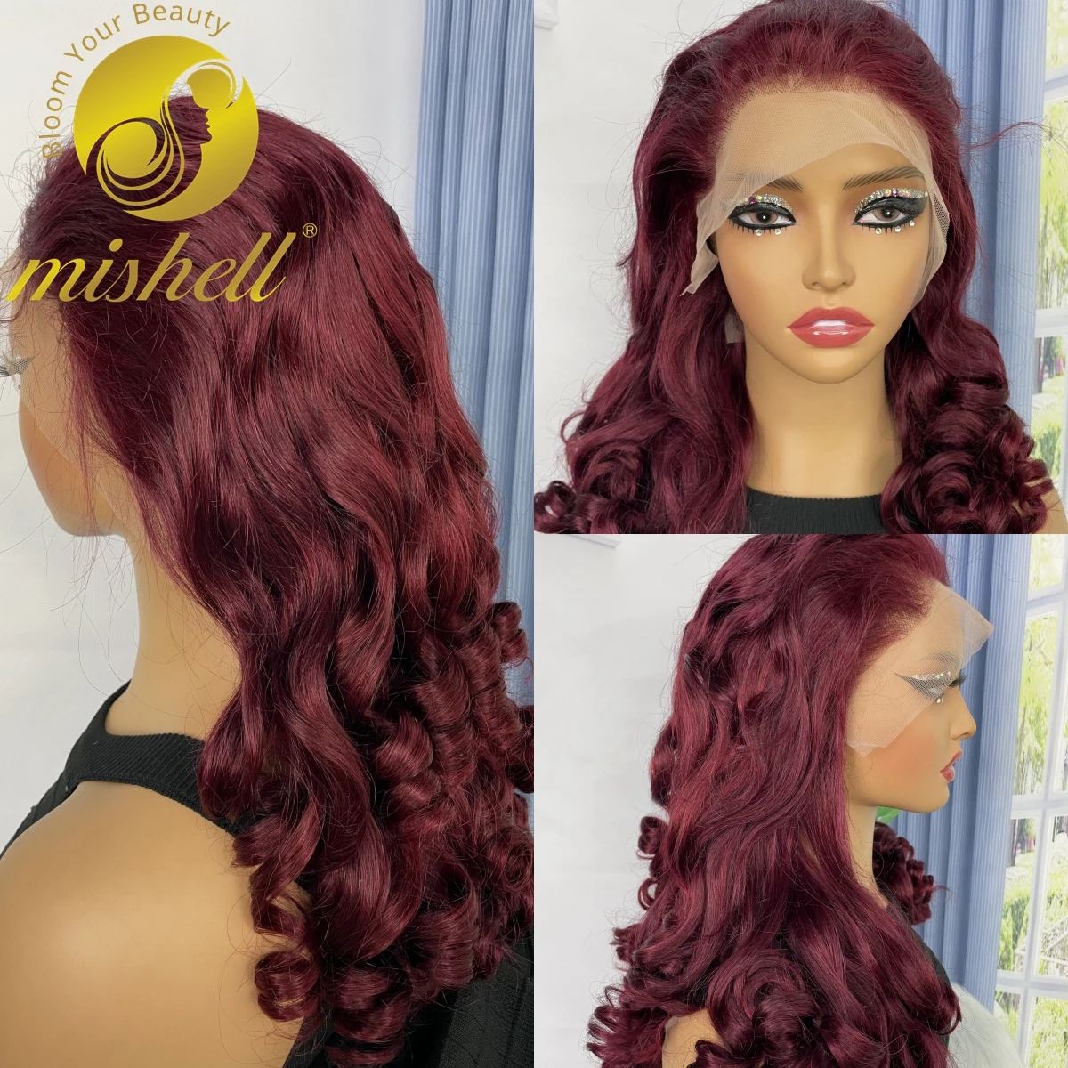 300% Density Burgundy 99J  Bouncy Curly Human Hair Wigs 24inch 13x4 HD Transparent Loose Wave Lace Wig for Women Preplucked Remy