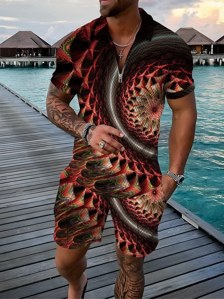 운동복 기하학 3D 프린트 남성 폴로 셔츠, 지퍼 라펠 폴로 세트, 지퍼 칼라 및 반바지, 휴일 스타일 남성 의류, 2 개 세트