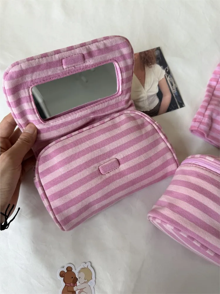 Flip-top With Mirror Makeup Bag Women Pink Striped Portable Zipper Cosmetic Travel Organizer Cute Sweet Handbag Toiletry Pouch 5