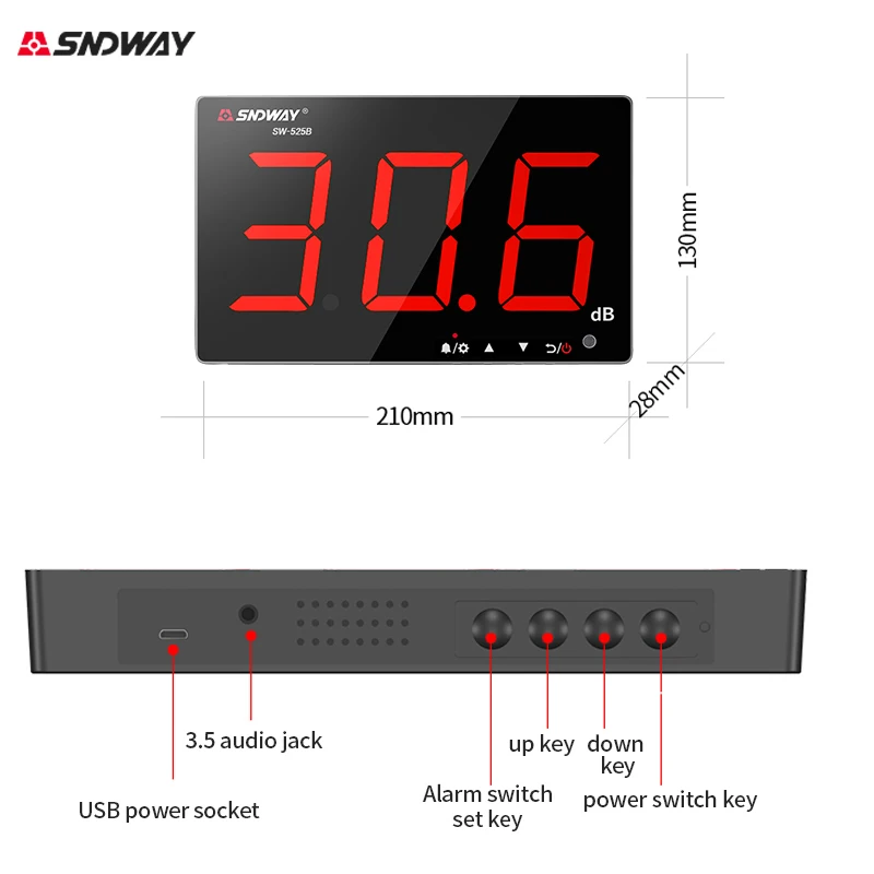 SNDWAY SW-525B 130dB Wall Mounted Handheld Fast Response Sound Noise Level Meter Digital Data Storage 5