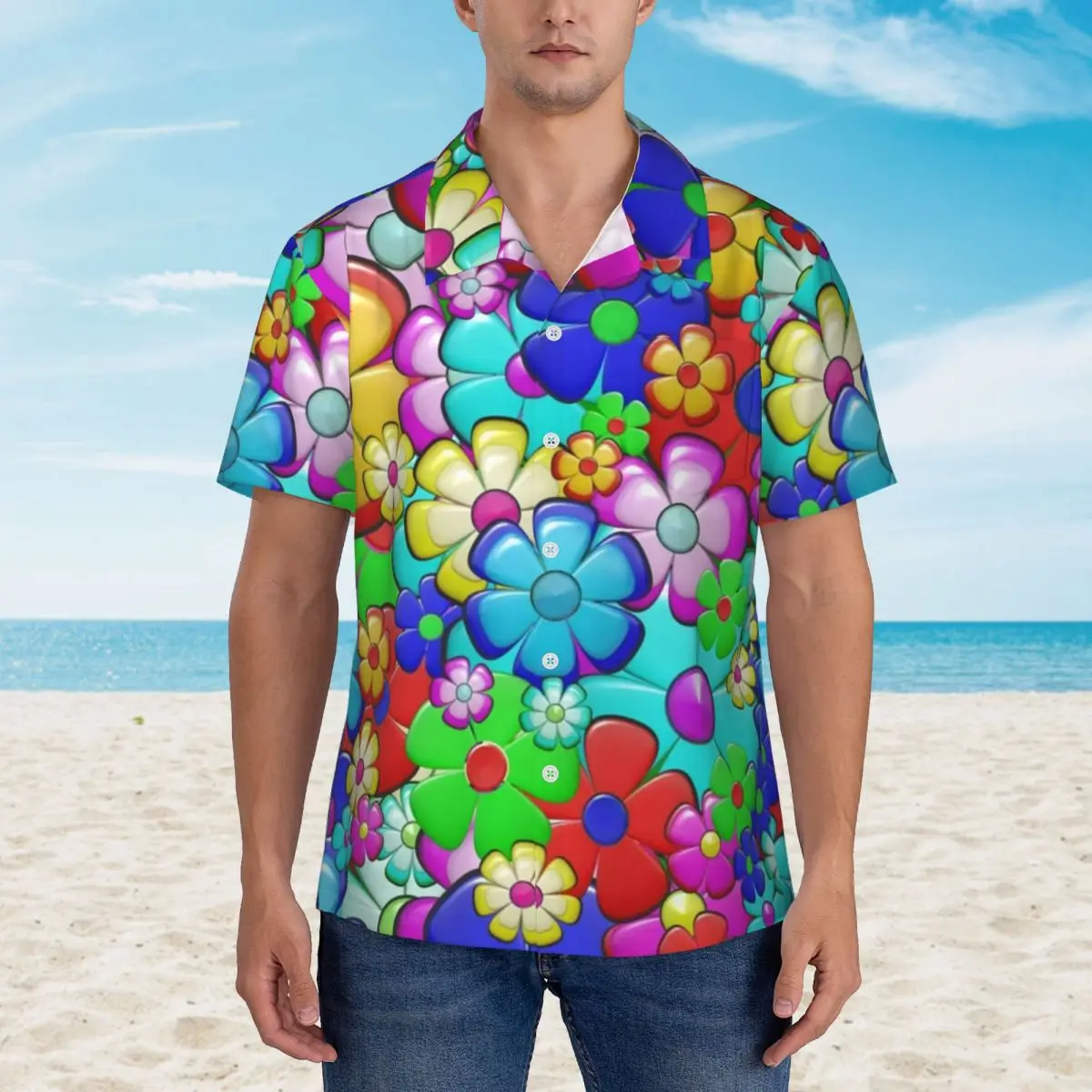 

Hippie Retro Peace Hawaii Shirt Male Beach Colorful Flower Print Casual Shirts Short Sleeves Stylish Trendy Oversized Blouses