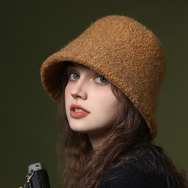 

New Lamb Wool Bucket Hat Winter Warm Hats For Women Lady Thicken Flat Top Cap Unisex Men Panama Outdoor Fisherman Hat Caps