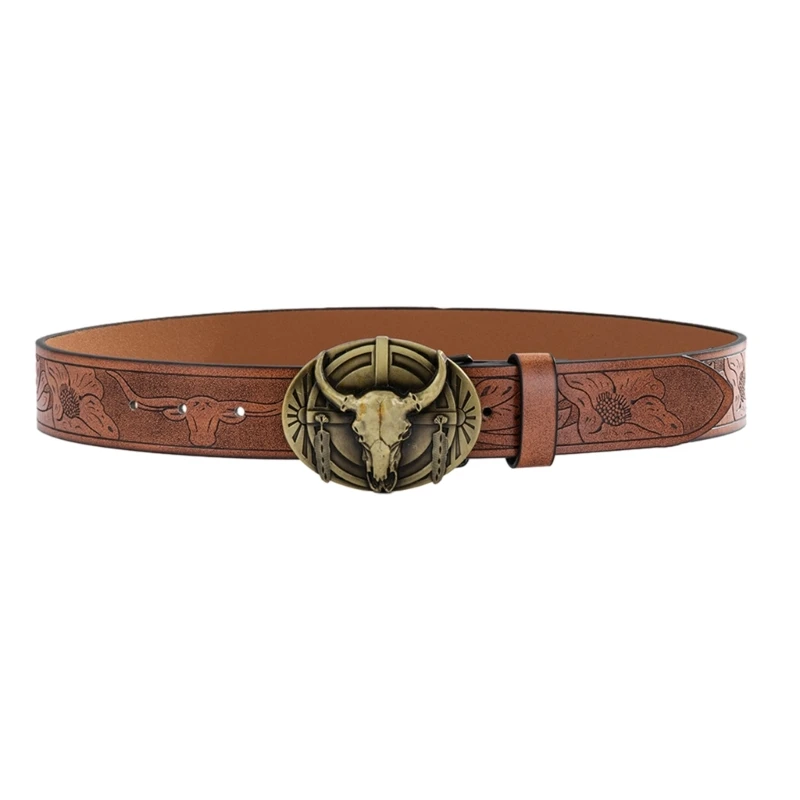 

Ethnic Bull Buckle PU Belt for Men Women Vintage Wide Belts Engraved Cowboy Belt