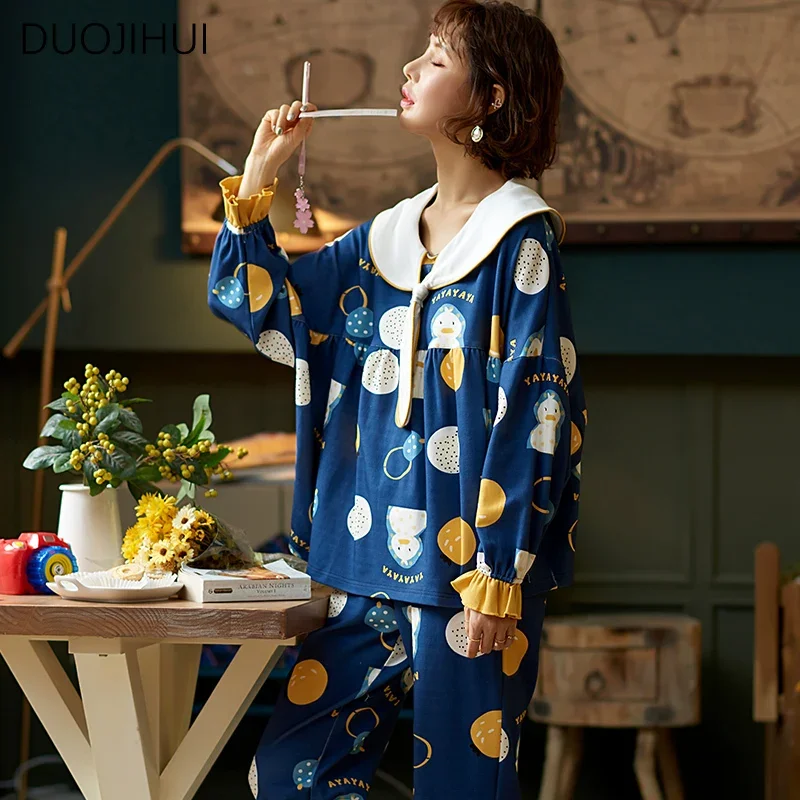 DUOJIHUI Sweet Print Two Piece Simple Female Sleepwear Autumn Chic Long Sleeve Pullover Loose Pant Casual Home Pajamas for Women qweek kawaii bear print christmas pajamas for women autumn pijamas female 2 piece set long sleeve sleepwear japanese pyjamas