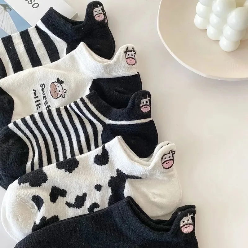 5 Pairs Spring Summer Thin Fashion Women Sock Cartoon Cow Harajuku Kawaii Cute Girl Happy Funny Boat Socks